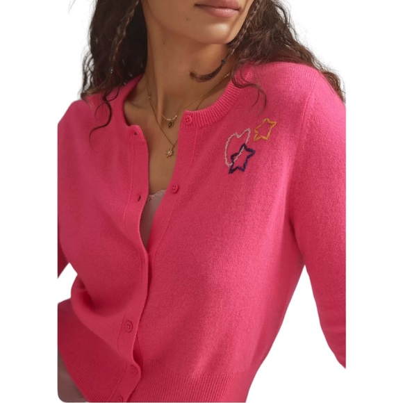 White + Warren x Anthropologie Starry Cashmere S Pink Embroidered Cardi Cardigan - Picture 3 of 9